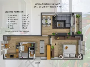Pronájem bytu 2+1, Jirkov, Studentská, 57 m2