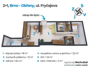 Pronájem bytu 2+1, Brno - Obřany, Fryčajova, 48 m2