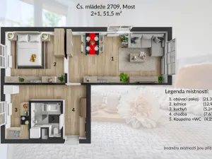 Pronájem bytu 2+1, Most, Čs. mládeže, 51 m2