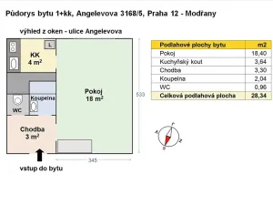 Pronájem bytu 1+kk, Praha - Modřany, Angelovova, 28 m2