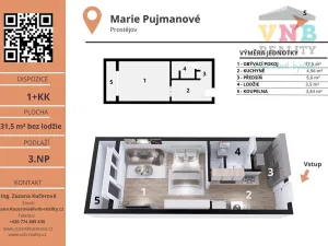 Pronájem bytu 1+kk, Prostějov, Marie Pujmanové, 32 m2